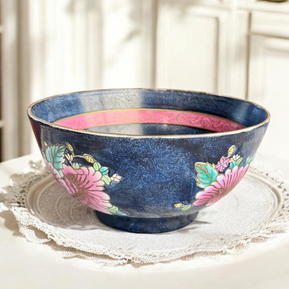 VTG WBI Chinoiserie Enameled Porcelain Rose Punch Bowl - Picture 2 of 11